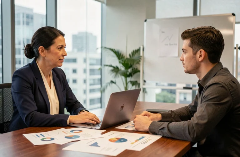 Consultante marketing accompagnant un entrepreneur dans l'élaboration de sa stratégie d'entreprise autour d'une table de réunion moderne