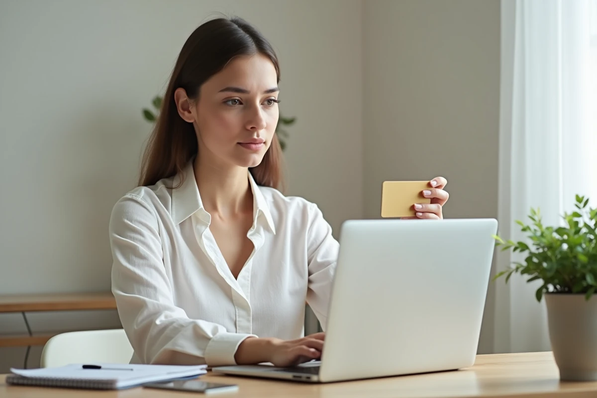 Jeune femme activant sa nouvelle carte bancaire en ligne depuis son bureau à domicile avec un ordinateur portable