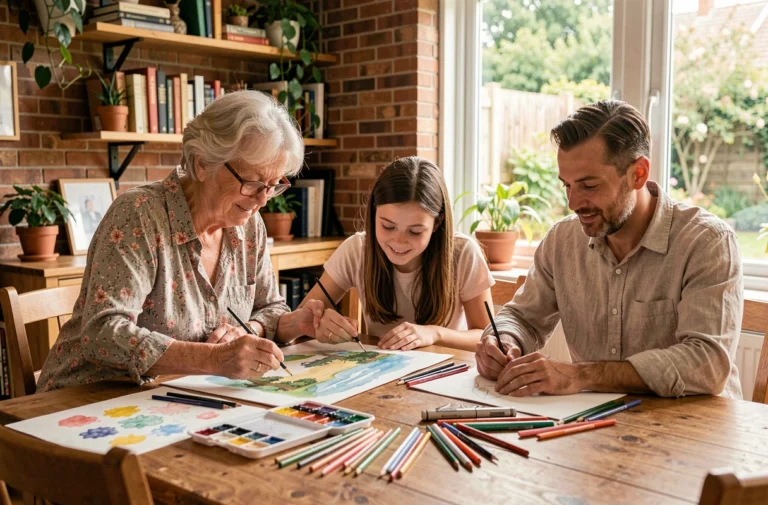 Famille multigénérationnelle faisant de la peinture aquarelle ensemble autour d'une grande table en bois dans un salon chaleureux