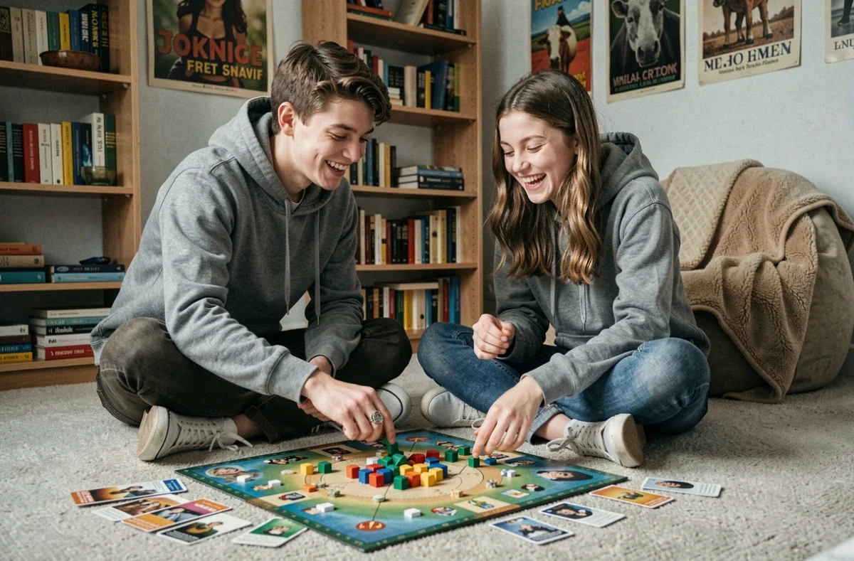 Deux adolescents jouant à un jeu de société stratégique sur le sol d'une chambre cosy décorée de posters vintage