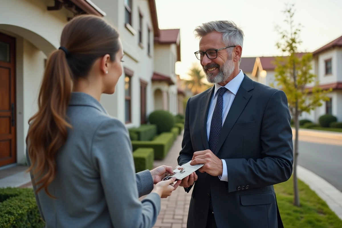 Agent immobilier donnant des clés à une jeune femme devant une maison
