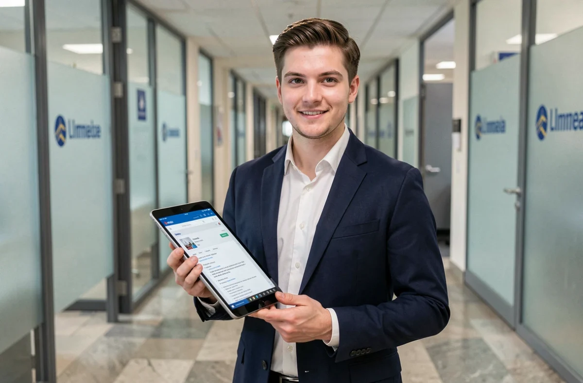 Agent territorial consultant sa messagerie Zimbra sur une tablette dans le couloir d'un bâtiment administratif départemental