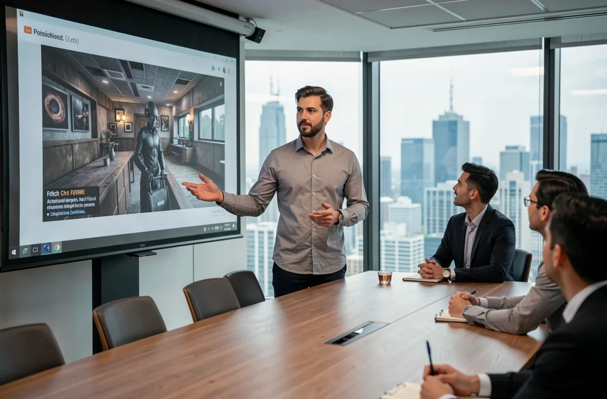 Animateur 3D présentant un projet de rendu cinématique lors d'une réunion client dans une salle de conférence moderne