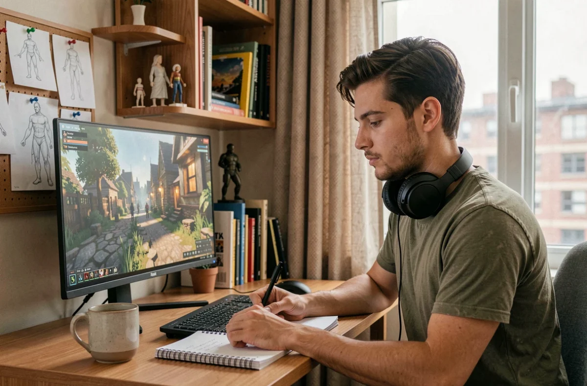 Jeune animateur 3D travaillant depuis son bureau à domicile sur un environnement de jeu vidéo, entouré de références artistiques