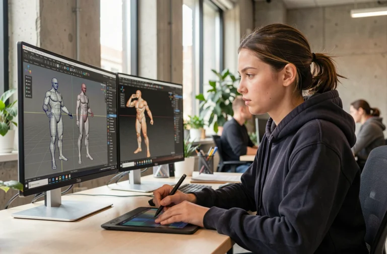 Animatrice 3D travaillant sur des modèles de personnages dans un studio moderne, vue en plan trois-quarts à son poste de travail