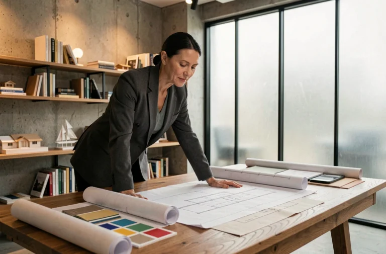 Architecte d'intérieur travaillant sur des plans de design sur mesure dans un studio professionnel contemporain