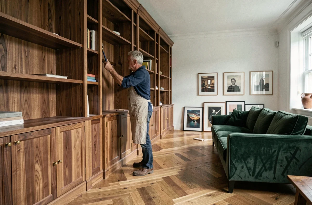 Artisan installant une bibliothèque en noyer sur mesure dans un salon privé haut de gamme