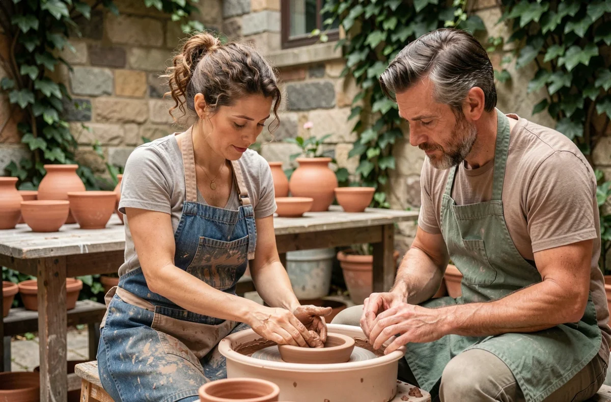 Adultes participant à un atelier de poterie en plein air dans une cour urbaine avec des murs en pierre couverts de lierre