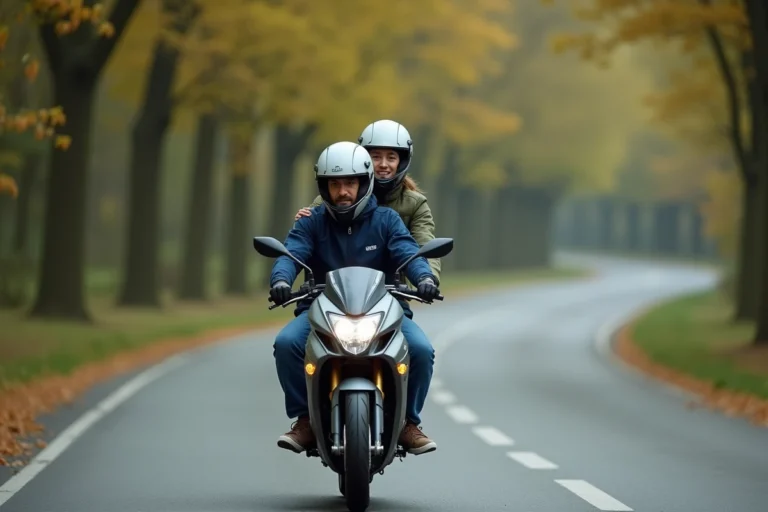 Couple roulant en duo sur une Benda 125 sur une route sinueuse bordée d'arbres, tous deux équipés de casques et vestes de moto