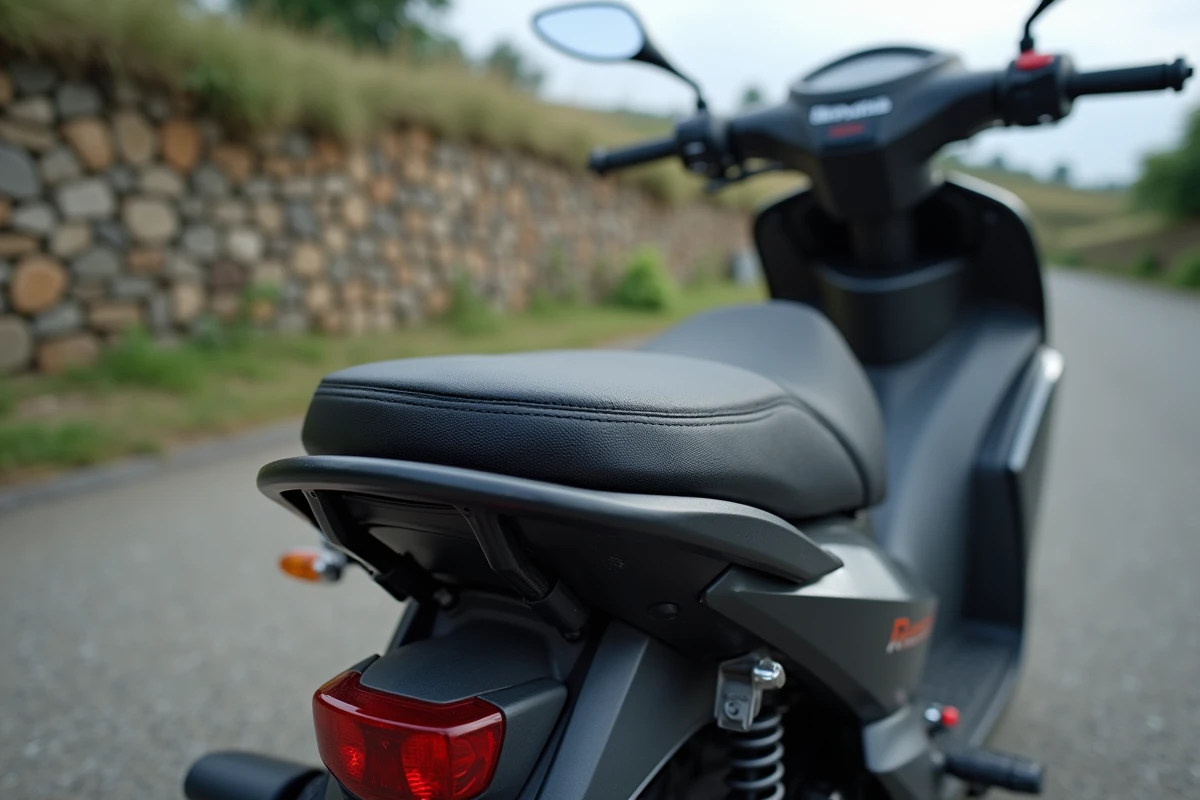 Gros plan sur la selle passager et les poignées de maintien d'une Benda 125, mettant en avant le confort et l'ergonomie en duo