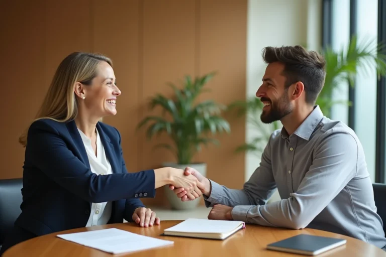 Coach et client échangeant une poignée de main à la fin d'une séance de coaching professionnelle dans un bureau moderne