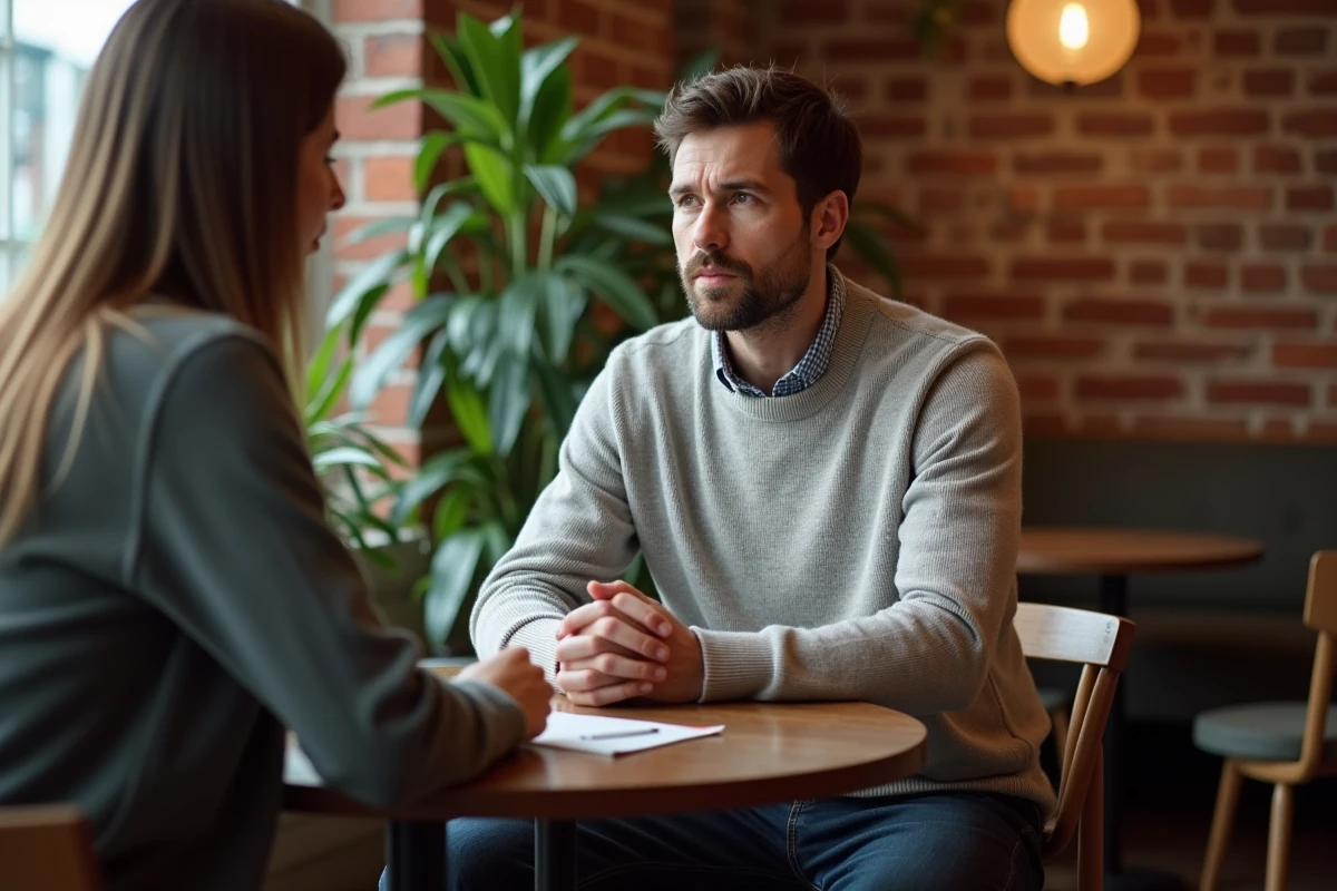 Coach en café discutant avec un client dans une ambiance chaleureuse