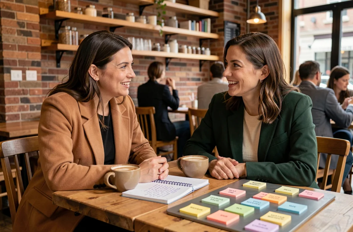 Deux professionnelles élaborant ensemble une stratégie marketing personnalisée autour d'un café dans un espace de travail informel et chaleureux