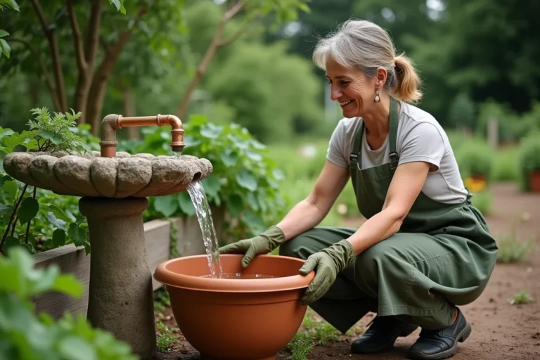 Femme jardinière récupérant l'eau de pluie dans un bassin en terre cuite via un système artisanal en pierre et cuivre au jardin potager