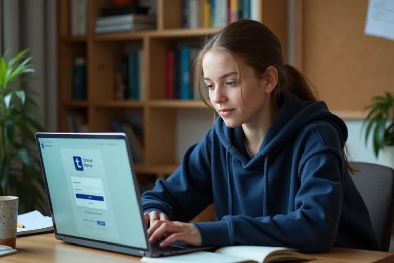 Collégienne connectée à l'espace ENT Oze 92 sur son ordinateur portable à son bureau à la maison