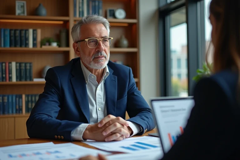 Conseiller financier expert discutant d'une stratégie de gestion de patrimoine avec un client dans un bureau moderne