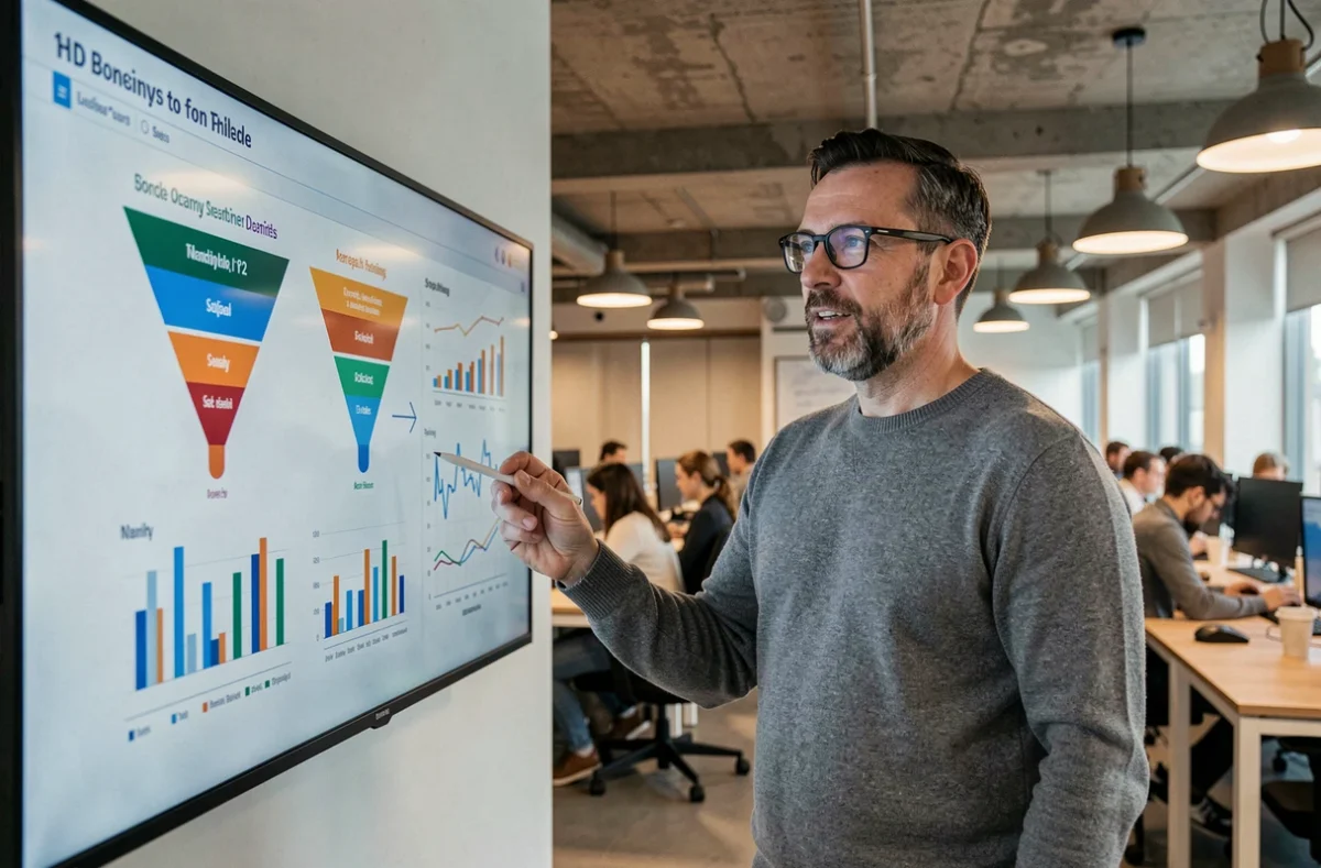 Consultant en marketing digital présentant une stratégie personnalisée sur écran interactif dans un espace de travail moderne en open space