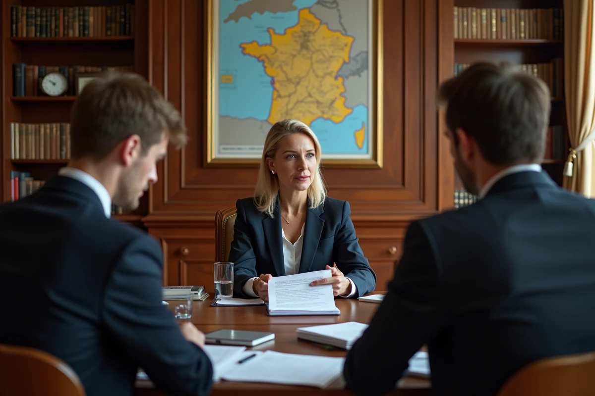 Avocate en réunion avec clients dans un bureau français