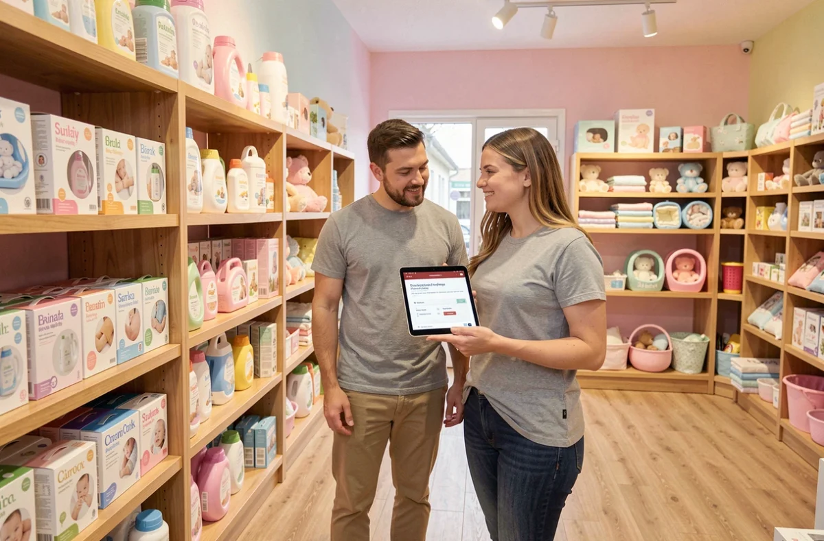 Couple en boutique spécialisée bébé consultant une tablette pour contacter le service client