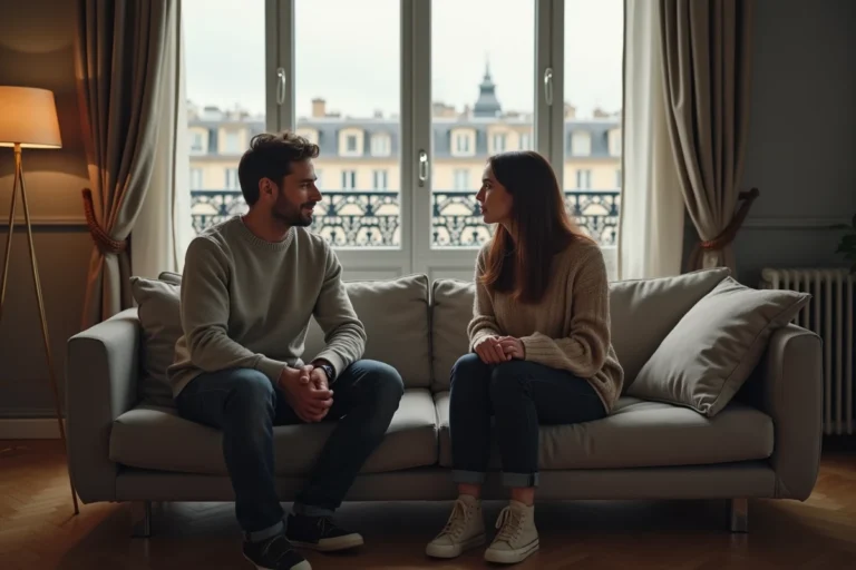 Couple français assis séparés dans un salon moderne