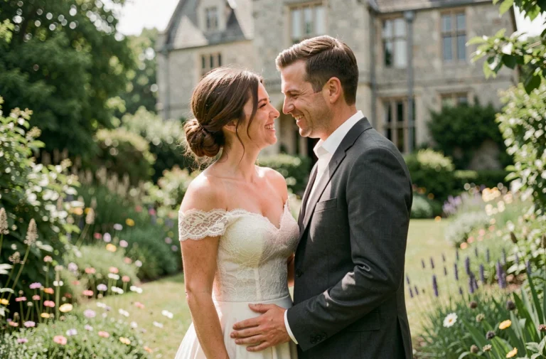 Couple de mariés partageant un moment complice dans un jardin fleuri lors de leur mariage