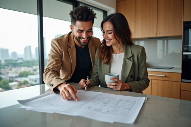Couple souriant discutant de plans dans une cuisine moderne