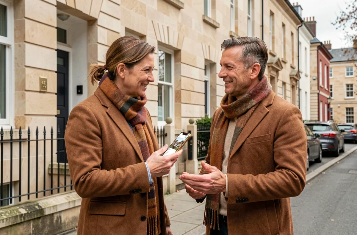 Couple consultant une application immobilière devant un immeuble résidentiel lors d'une visite