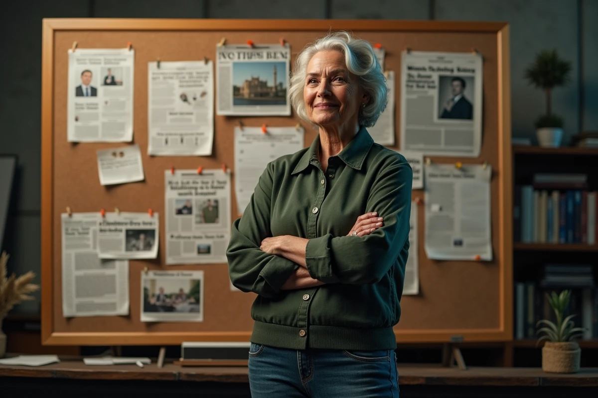 Femme journaliste devant un tableau de décryptage médiatique recouvert de titres satiriques et d'annotations, ambiance analytique et humoristique