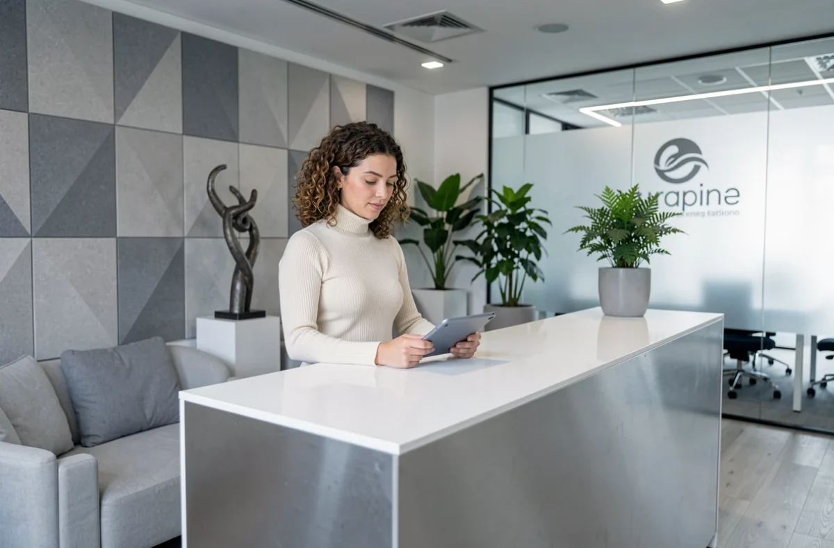 Designer d'intérieur présentant un espace de bureau professionnel aménagé avec du mobilier sur mesure