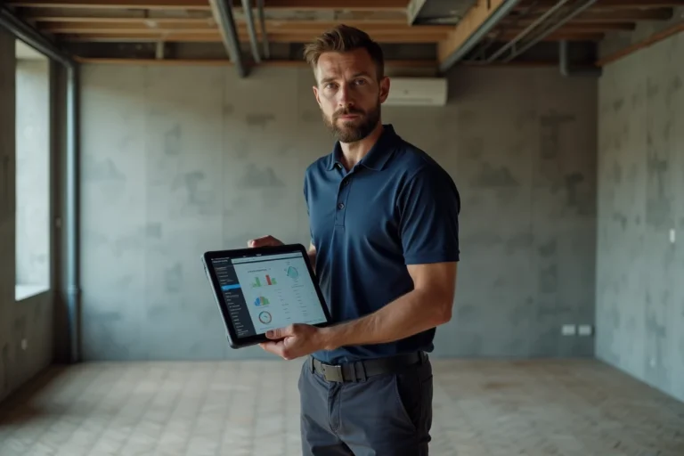 Diagnostiqueur immobilier utilisant un logiciel de diagnostic sur tablette dans un appartement vide lors d'une inspection professionnelle