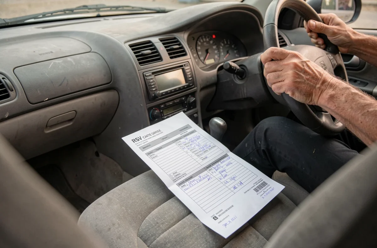 Documents de vérification RSV et carte grise posés sur le siège passager d'une voiture