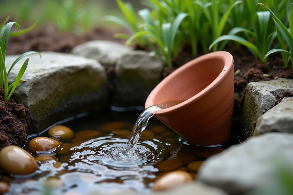 Gros plan d'un entonnoir en argile artisanal récupérant l'eau de pluie dans une citerne en acier galvanisé enterrée parmi les galets et les plantes couvre-sol