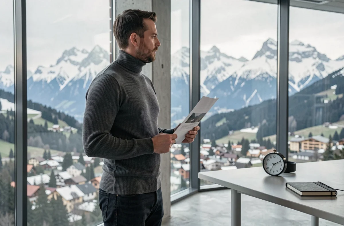 Entrepreneur suisse en col roulé gris contemplant les Alpes depuis une fenêtre de bureau avec documents de startup