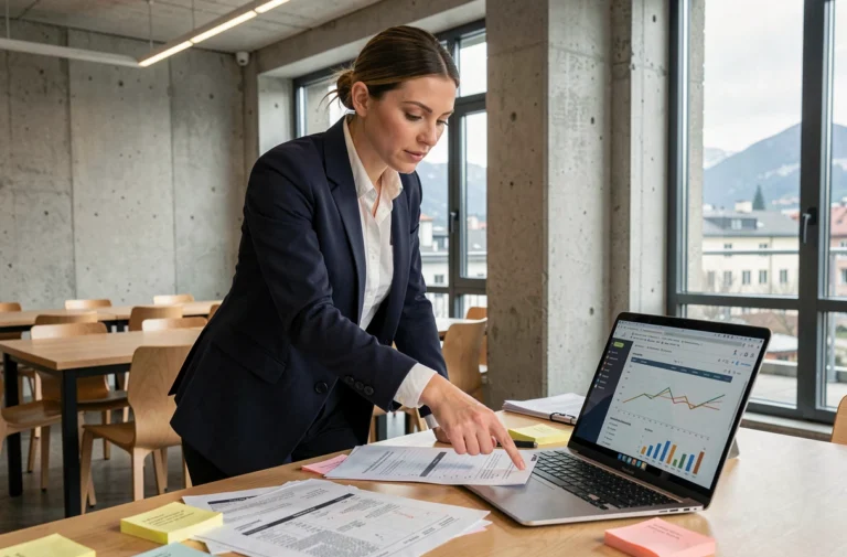 Entrepreneuse suisse en blazer marine analysant un business plan dans un espace de coworking moderne à Zurich