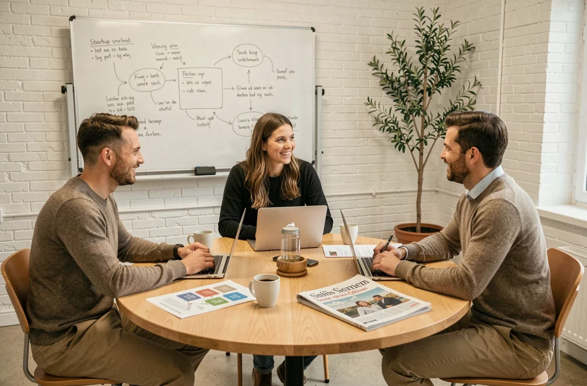 Équipe de fondateurs de startup en réunion stratégique dans un incubateur à Genève avec pitch deck et ordinateurs