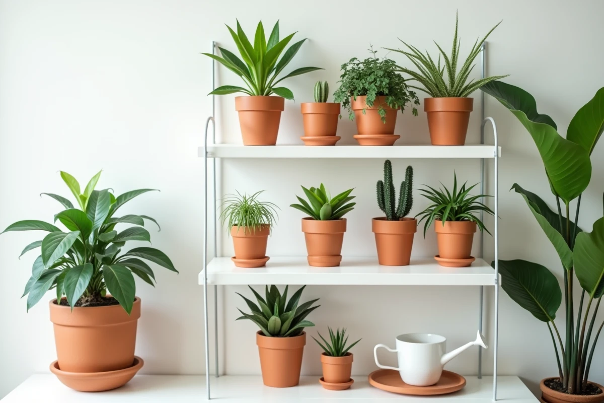 Étagère de plantes d'appartement montrant des feuilles blanchies par un manque de nutriments dans un salon moderne minimaliste
