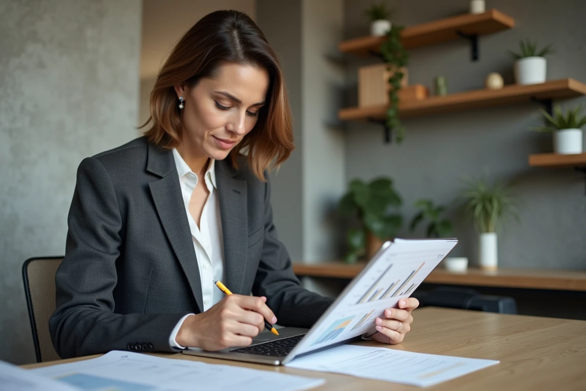 Femme cadre analysant des documents de gestion de patrimoine sur tablette dans un bureau à domicile moderne