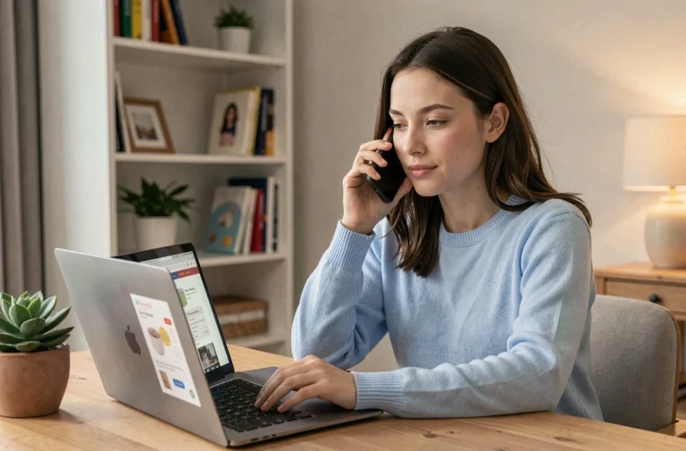 Jeune femme contactant une boutique spécialisée bébé par téléphone depuis son bureau à domicile