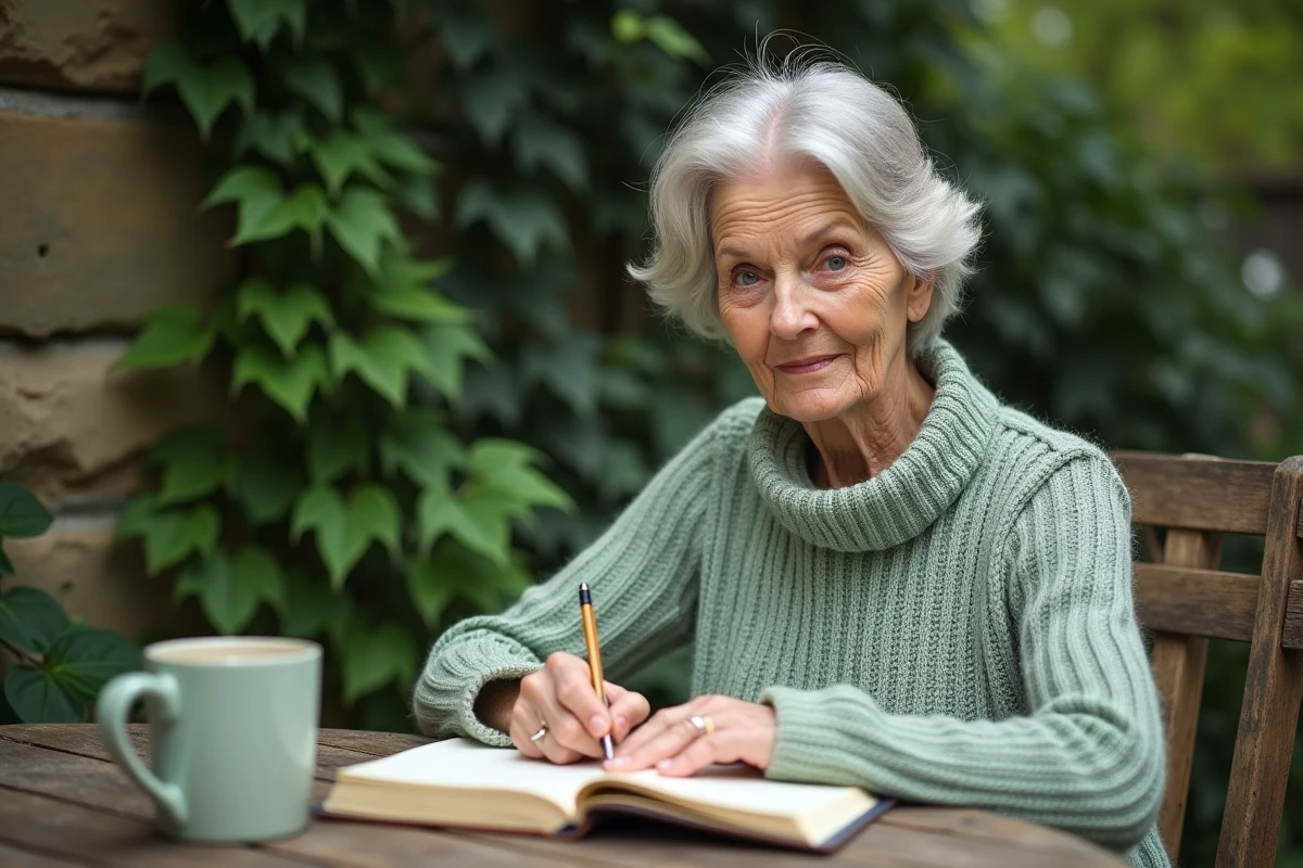 Femme écrivant dans un journal en plein air dans un jardin verdoyant, dans une atmosphère de détente et de sérénité