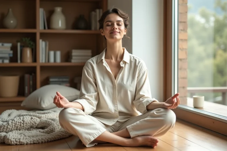 Femme en méditation assise sur un plancher en bois, vêtue de lin crème, dans un intérieur calme et apaisant