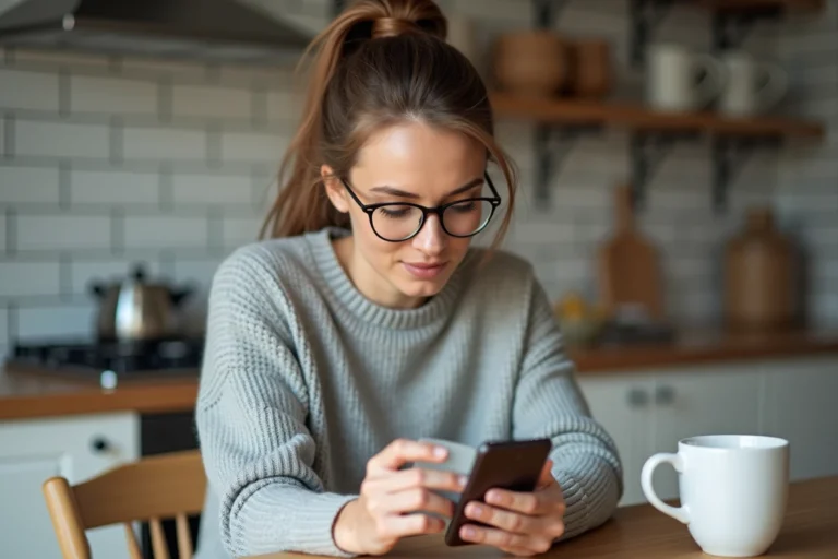 Femme examinant sa nouvelle carte bancaire à une table de cuisine en bois tout en tenant son smartphone