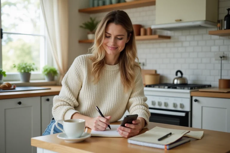 Femme organisée prenant des notes dans une cuisine moderne avec un café et un carnet de planification quotidienne