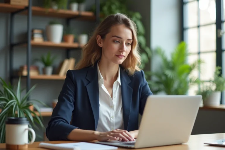 Femme professionnelle travaillant sur son ordinateur dans un bureau lumineux