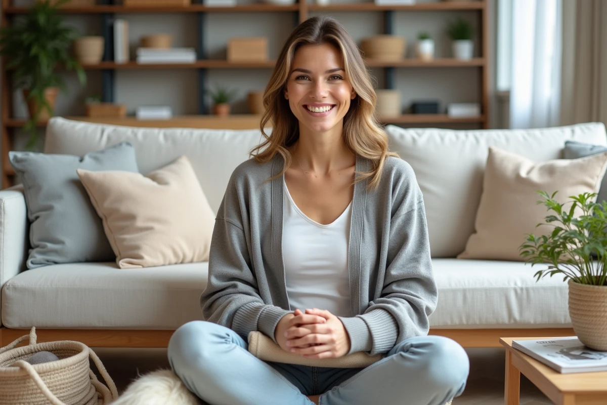 Femme bien organisée triant des rangements dans un salon épuré et chaleureux avec des paniers en tissu