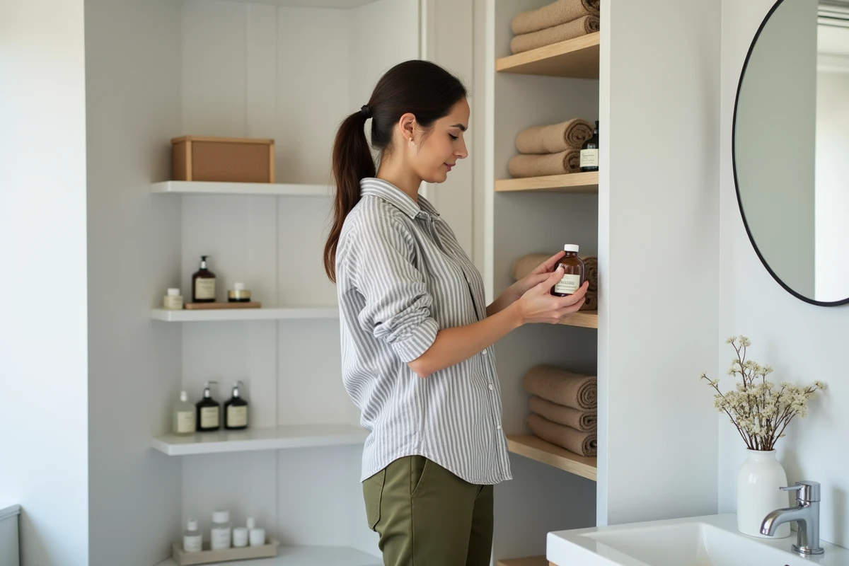 Femme rangeant des produits de beauté naturels sur des étagères de salle de bain bien organisée