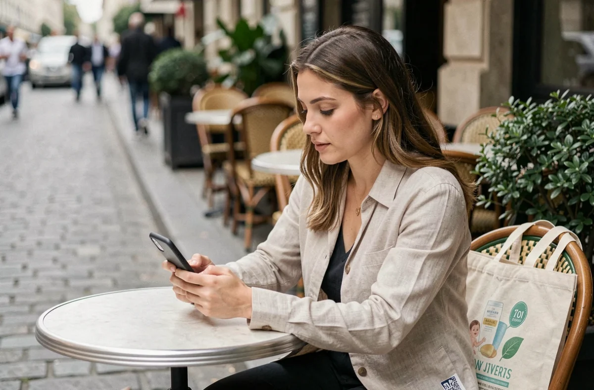 Jeune femme envoyant un message à une boutique bébé depuis son smartphone en terrasse de café