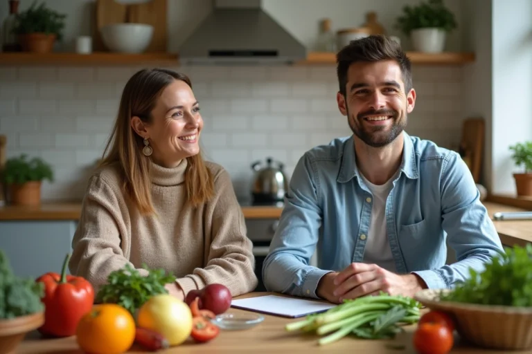 Femme souriante avec nutritionniste dans une cuisine chaleureuse