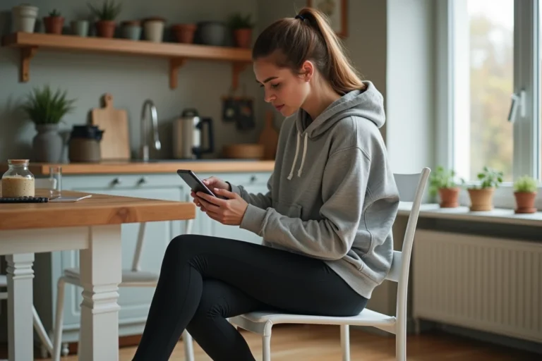 Femme en tenue de sport utilisant son smartphone dans la cuisine