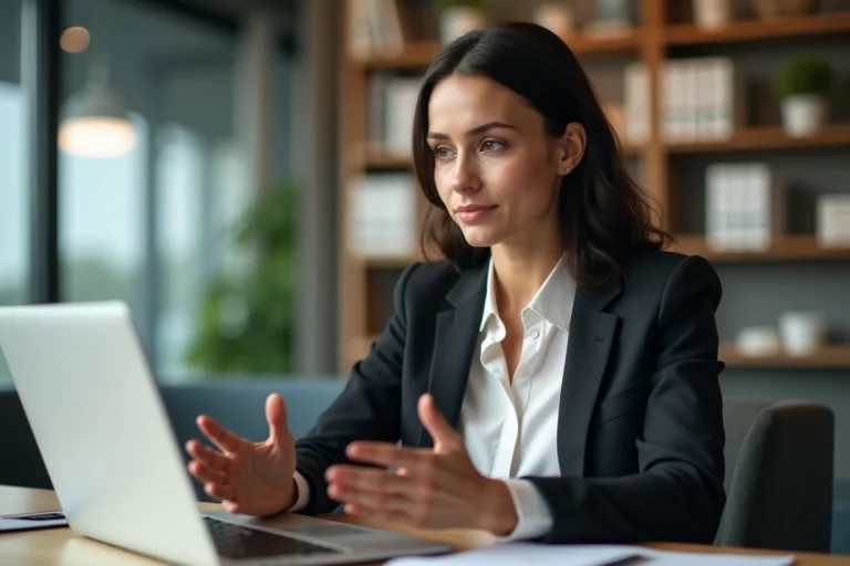Femme concentrée en formation en ligne dans un bureau moderne