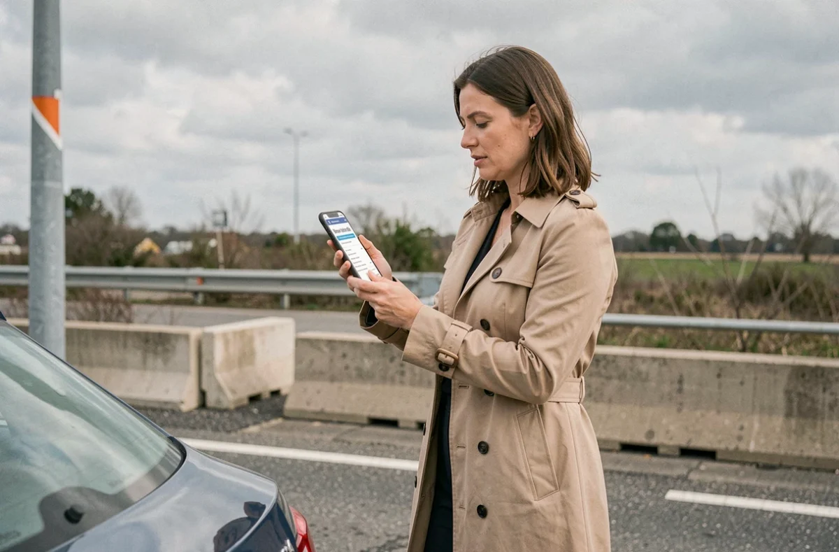 Femme consultant un site de vérification RSV sur son smartphone à côté d'une voiture